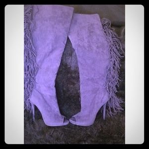Grey Thigh High Grey Fringe Open Toe Boots sz 7.5
